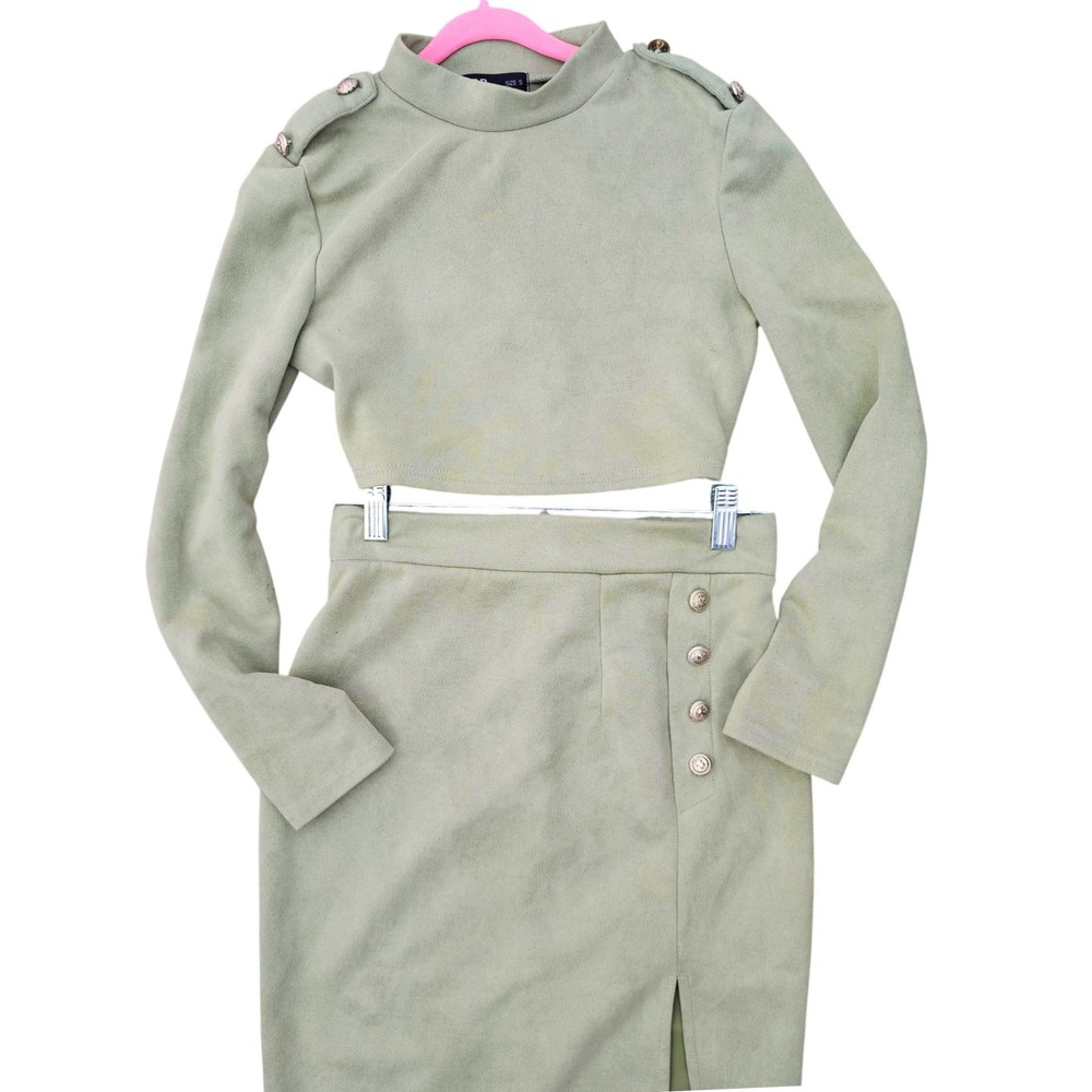 CBR Sage Green Faux Suede 2 Piece Set Mock Neck Crop Top‎ & Button Midi Skirt S